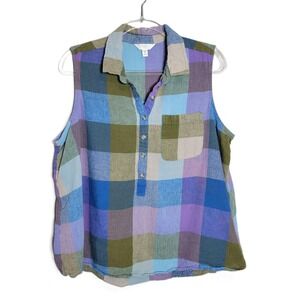 Time and Tru Womens Linen Blend XXXL Plaid Sleeveless Collared Button Up Top